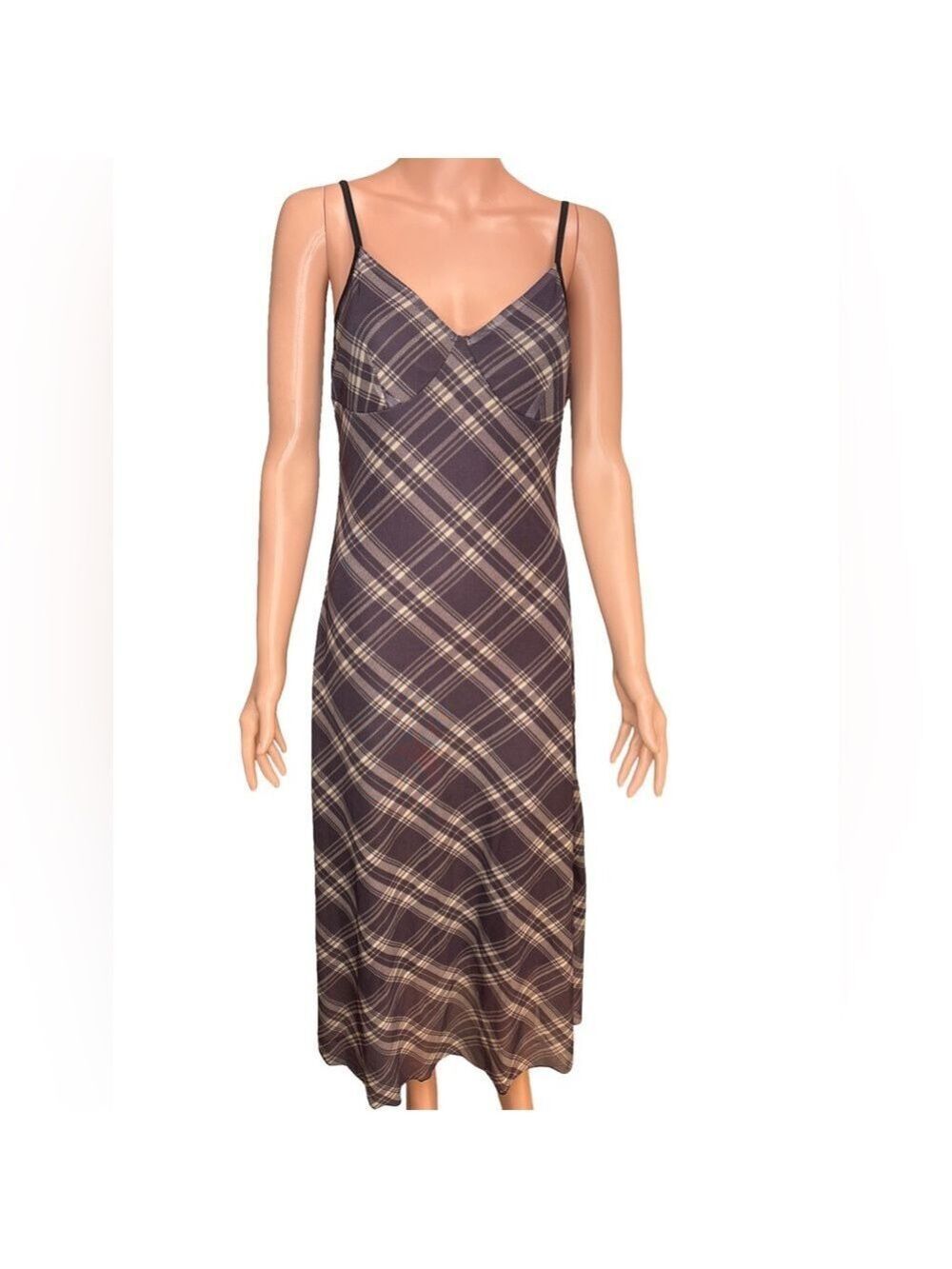 Plaid Grey and Cream Sleeveless V-Neck Midi Dress XS (p2p 16”)